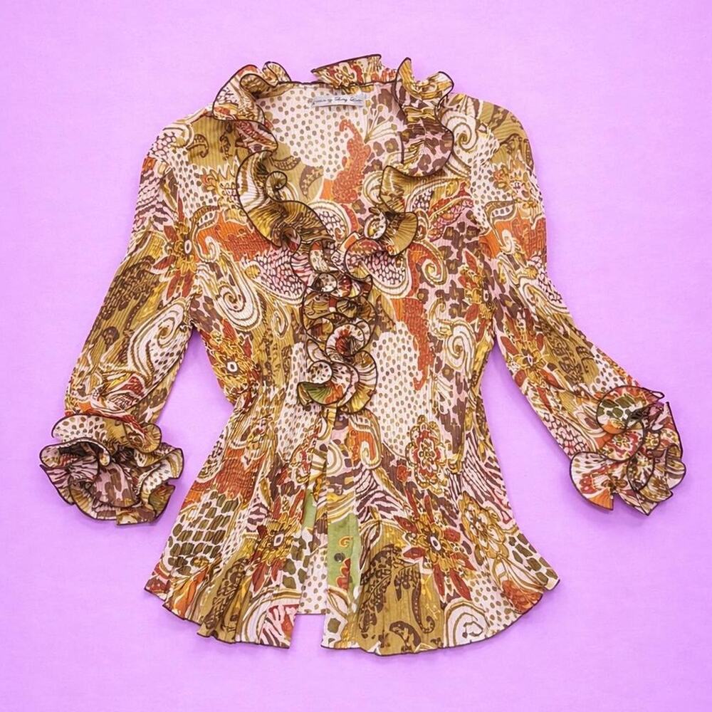 Tan and brown ruffle blouse